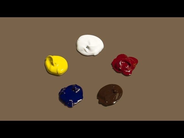 Five separate blobs of oil paint arranged on a brown surface