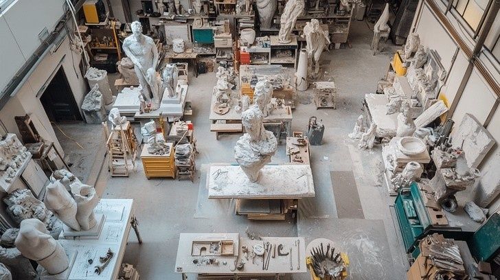 Overhead view of a sculpture studio filled with unfinished clay figures