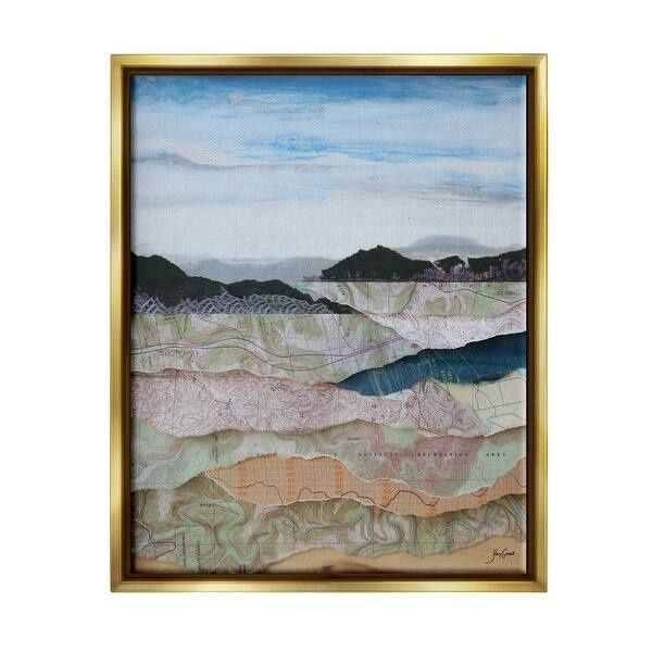 Framed layered map artwork showing mountains, water, and colored terrain