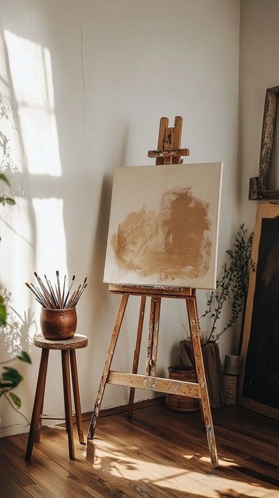 Unfinished ochre painting displayed on a wooden easel in a studio